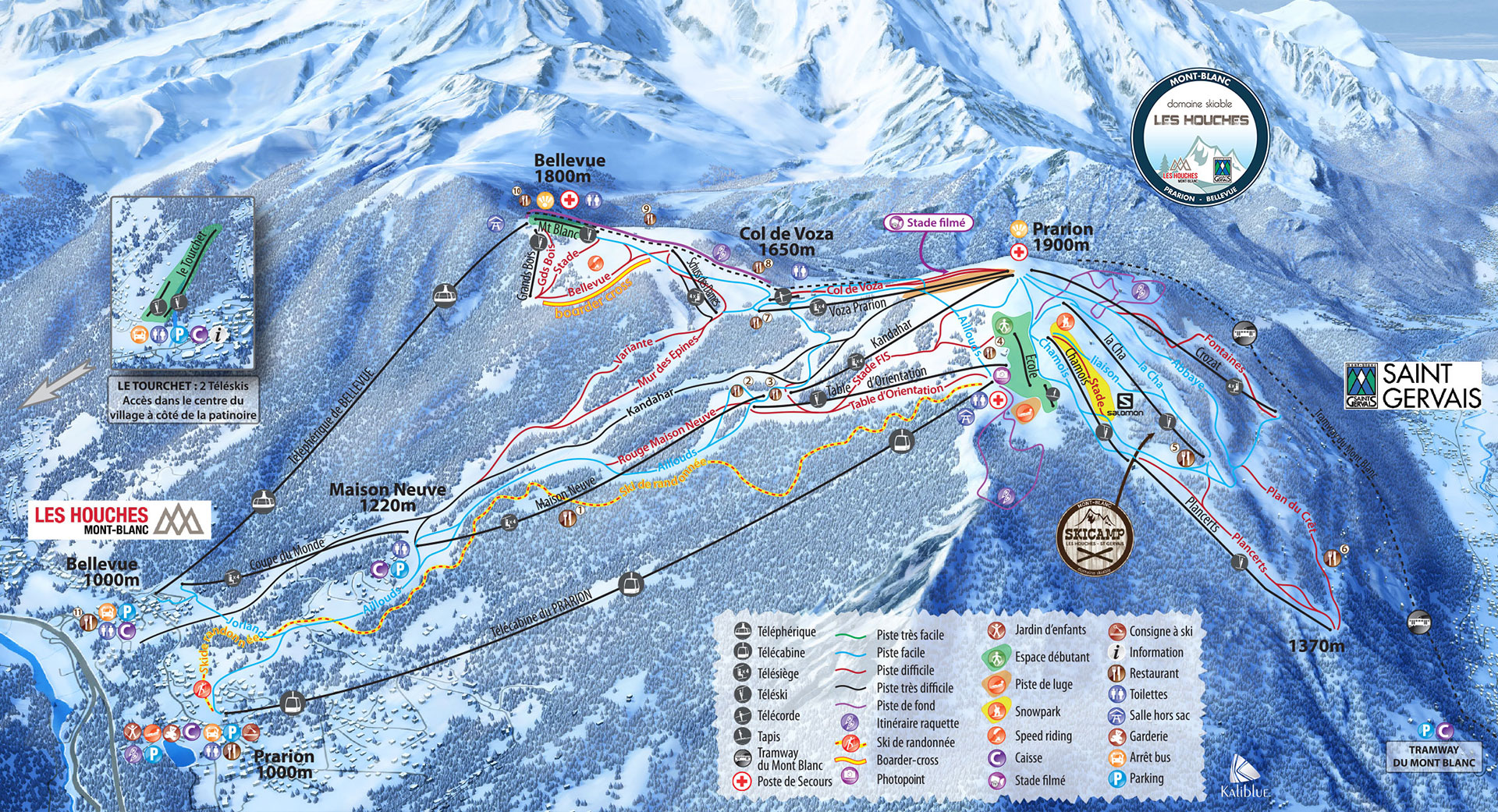 Chamonix Valley Ski Resorts Map, Grands Montets, la Flegere, Brevent