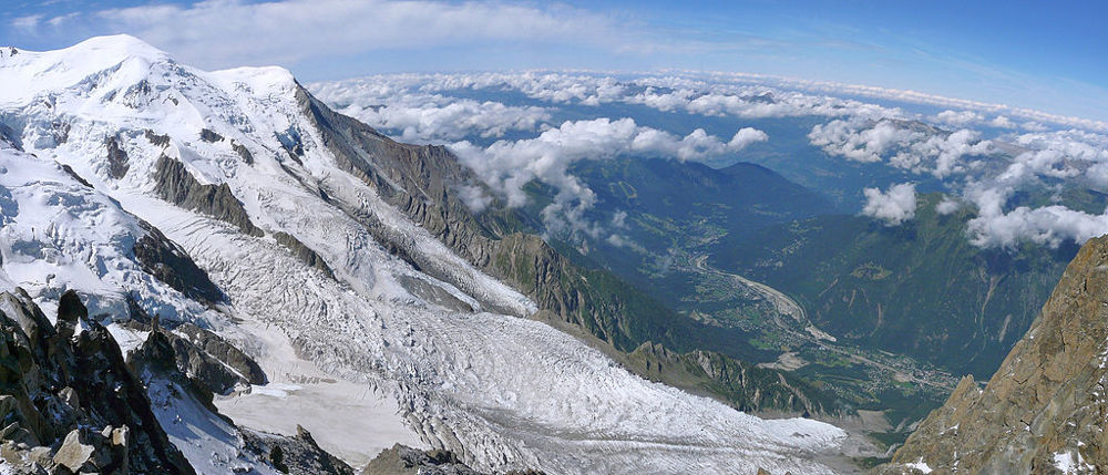 A panorama view to couple of glaciers at Mont Blanc (Glacier des Bossons (in front) and Glacier de Taconnaz (behind)) from Aiguille du Midi, Author 	Ximonic, Simo Räsänen, licensed under CC BY-SA 3.0, photo source @commons.wikimedia.org