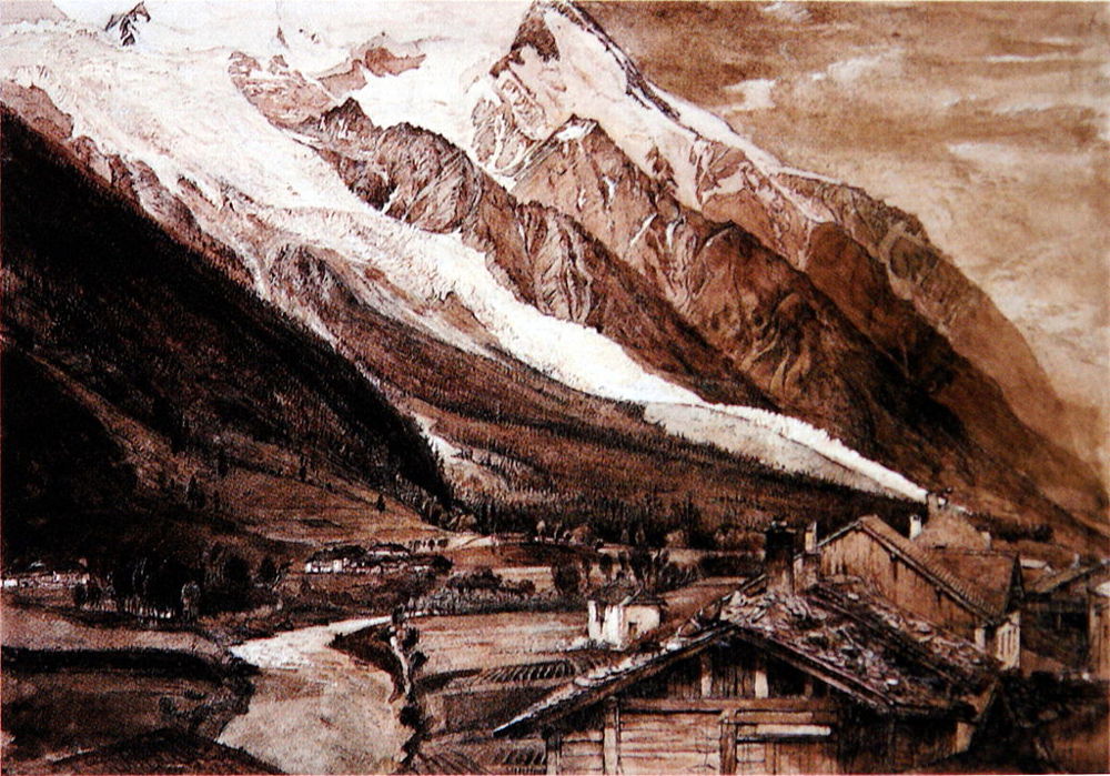Glacier des Bossons, Chamonix. Pencil, brown ink, ink wash and bodycolour, author John Ruskin, photo source @commons.wikimedia.org