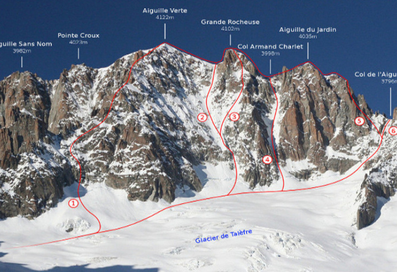 Aiguille Verte with route 2 marking the Whymper Couloir. Photo Copyright: Camp2Camp