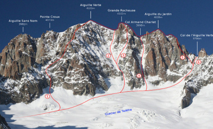 Aiguille Verte with route 2 marking the Whymper Couloir. Photo Copyright: Camp2Camp