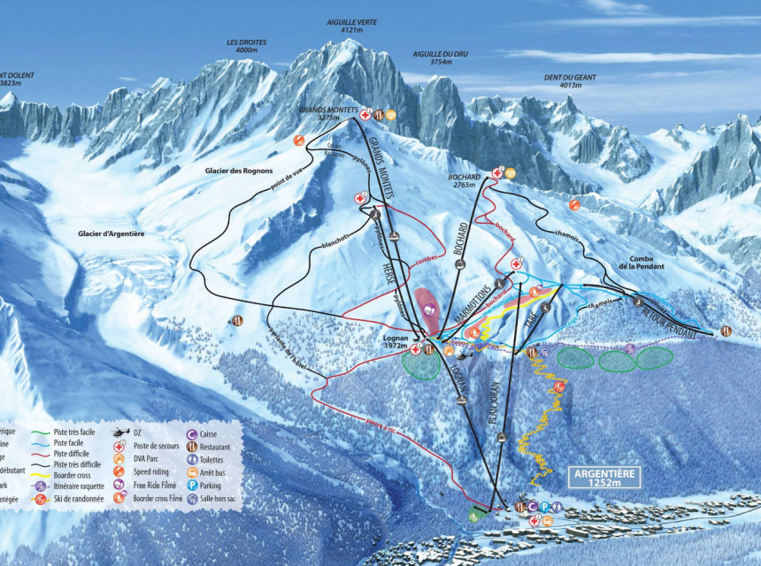 Detailed map of Grands Montets - slopes, lifts, snow park