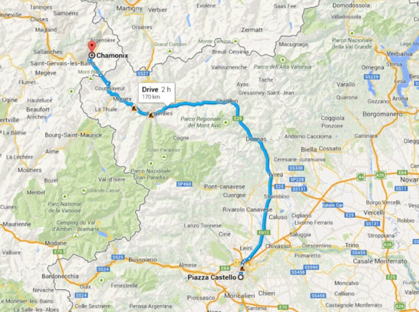 Turin Centre to Chamonix Mont-Blanc Map